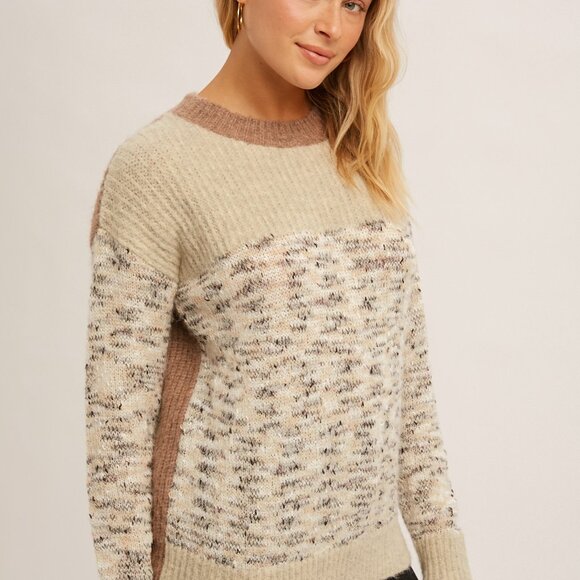 HEM & THREAD Colorblock Knit Sweater, Neutral Beige Brown Multi, Soft Cozy - Picture 2 of 10